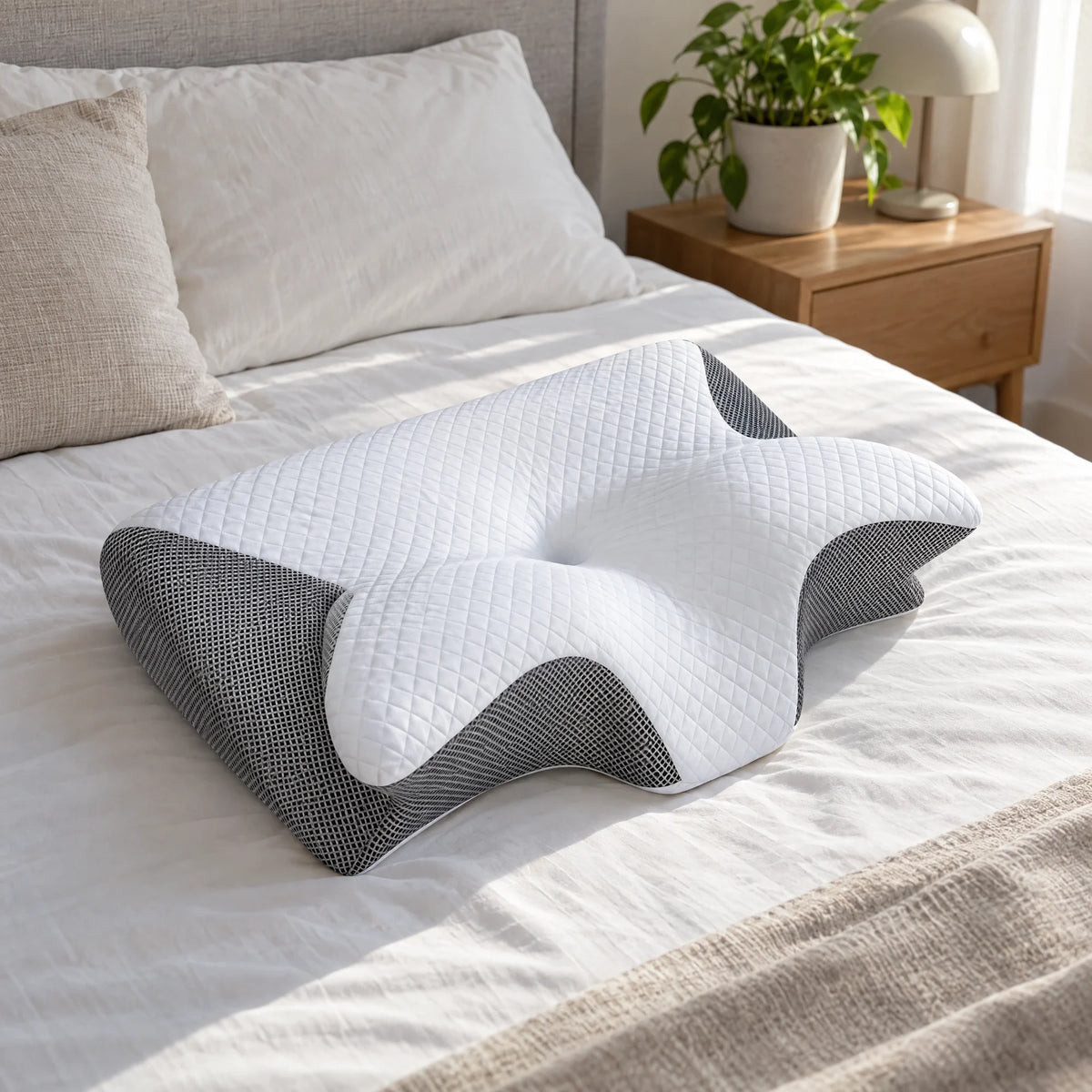 Gevormd hoofdkussen van memory foam op een opgemaakt bed