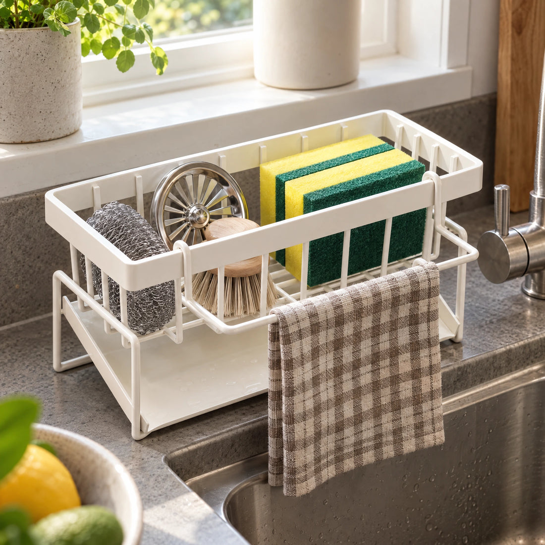 Gootsteen organizer met handdoekstang