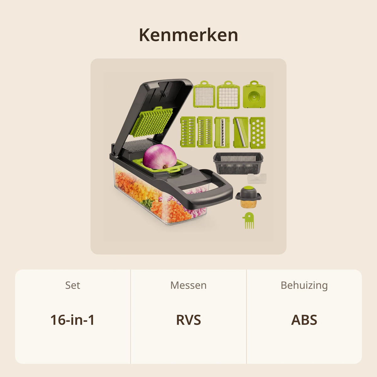 Groentesnijder 16-in-1 met alle inzetstukken, uitlekmandje, vingerbeschermer en kammetje: RVS messen en behuizing van ABS