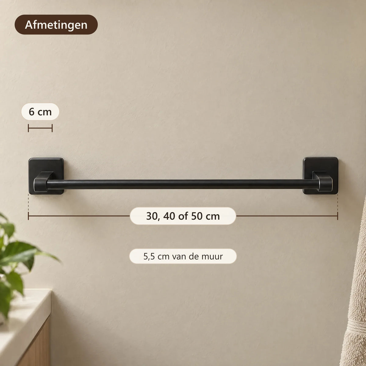 Afmetingen van het handdoekrek: 30, 40 of 50 cm, 5,5 cm van de muur