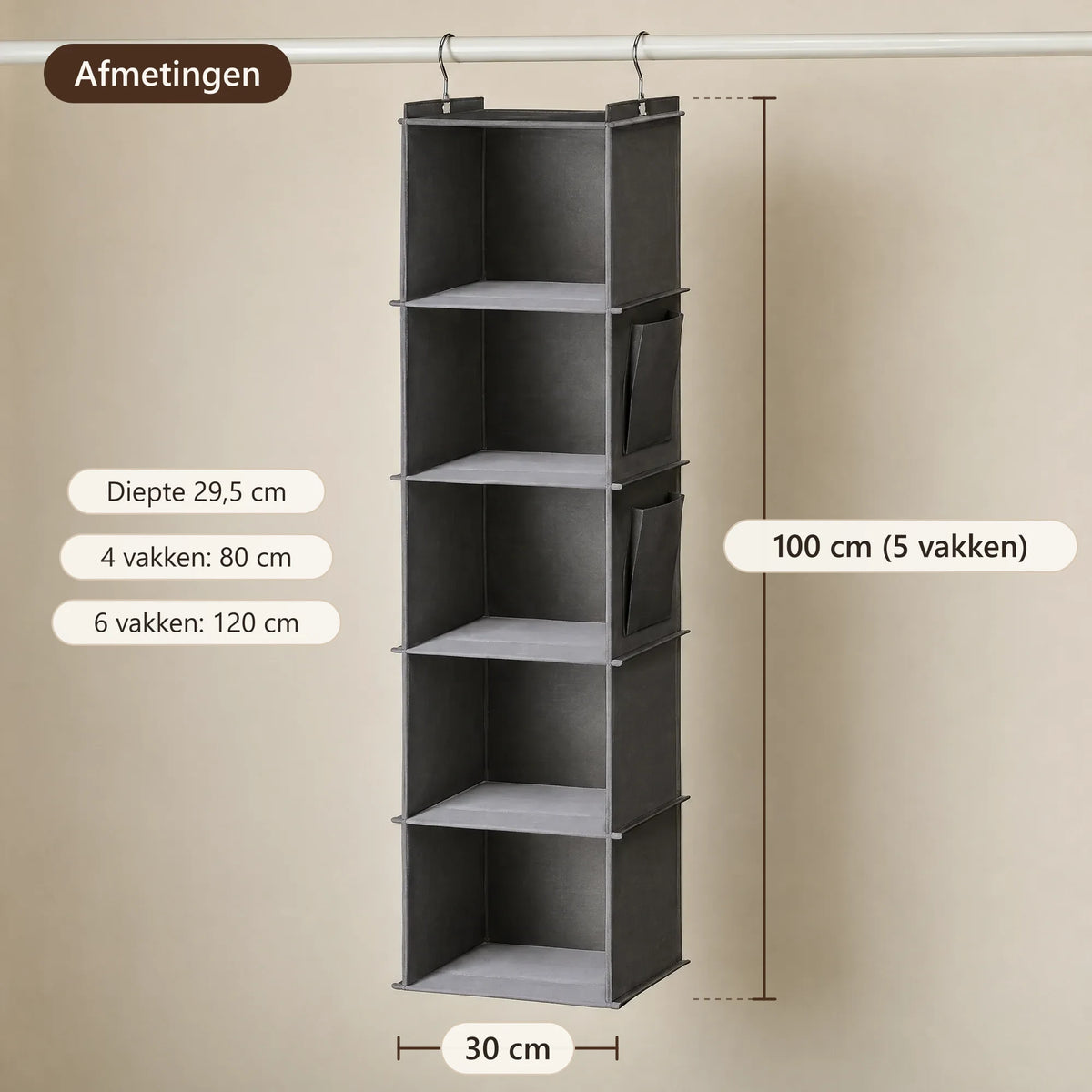 Afmetingen van de organizer: 30 × 29,5 cm, 80, 100 of 120 cm hoog