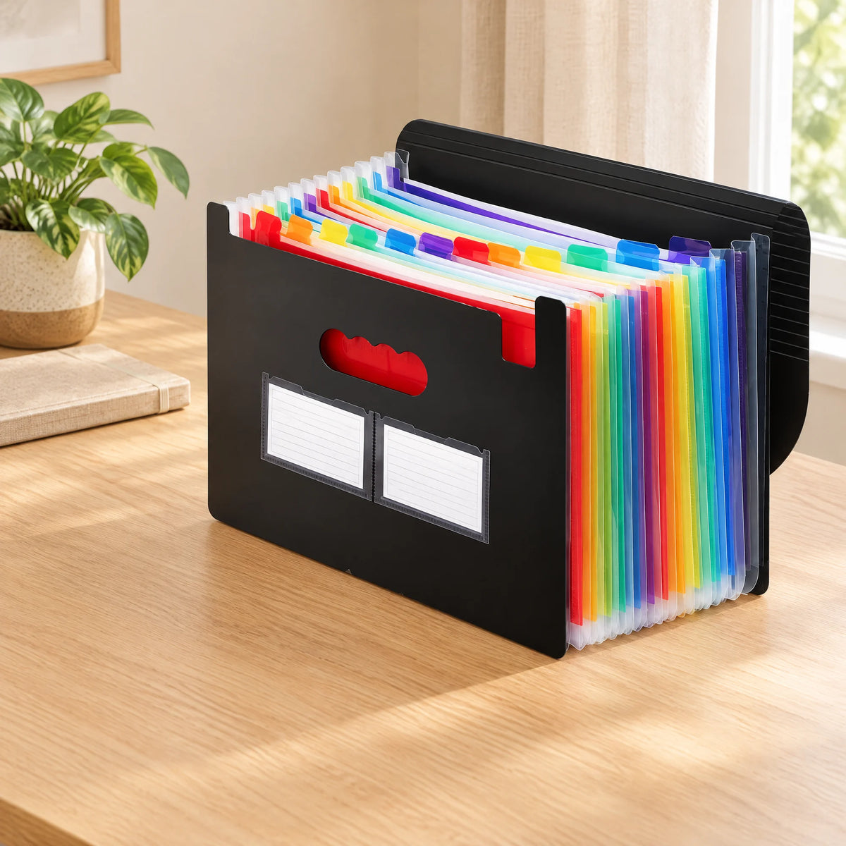 Zwarte harmonica documentenmap A4 met 24 vakken in regenboogkleuren staat open op een licht eiken bureau