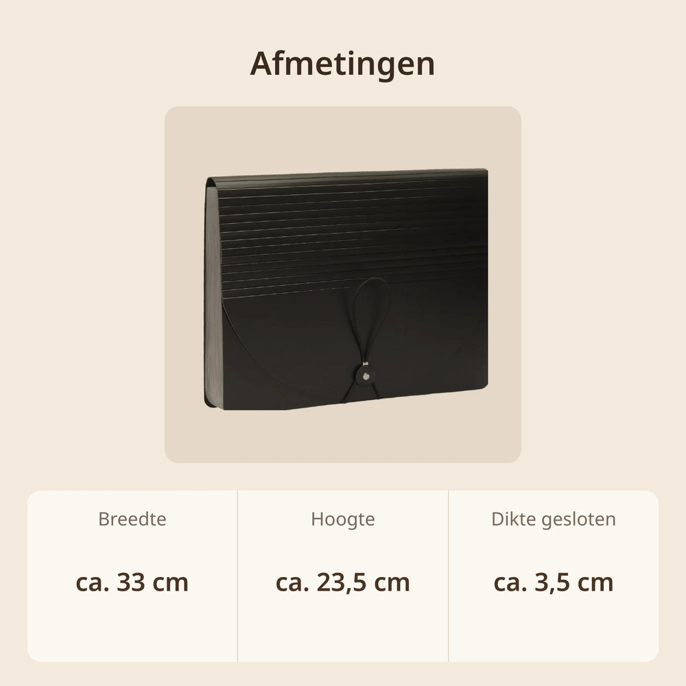 Afmetingen documentenmap A4 gesloten: ca. 33 cm breed, ca. 23,5 cm hoog en ca. 3,5 cm dik