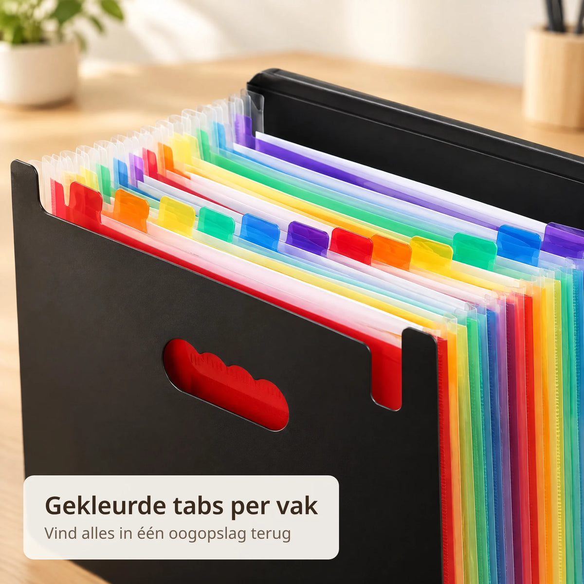 Close-up van de gekleurde tabs en vakken van de harmonicamap