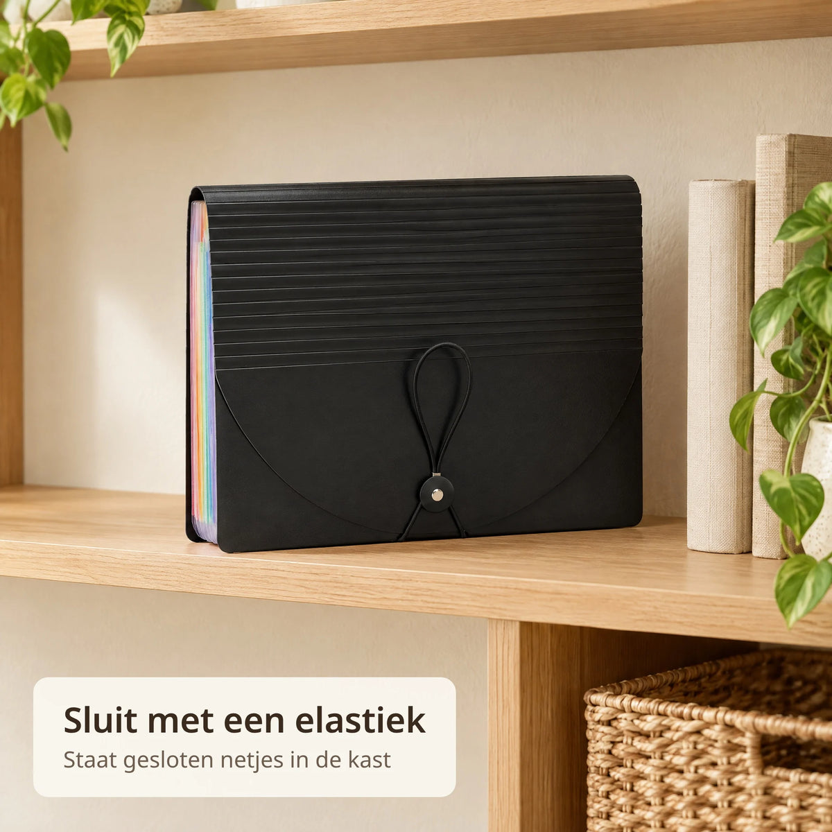 Gesloten zwarte documentenmap met elastieksluiting staat naast boeken in een eiken kast
