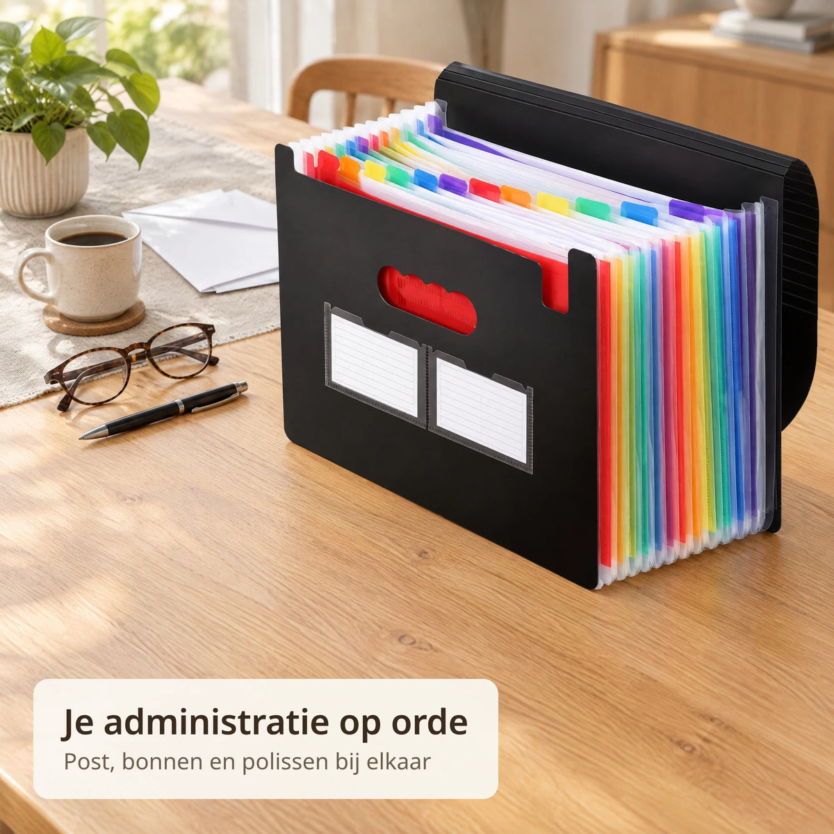 Documentenmap met 24 vakken op de keukentafel naast enveloppen, leesbril en een kop koffie