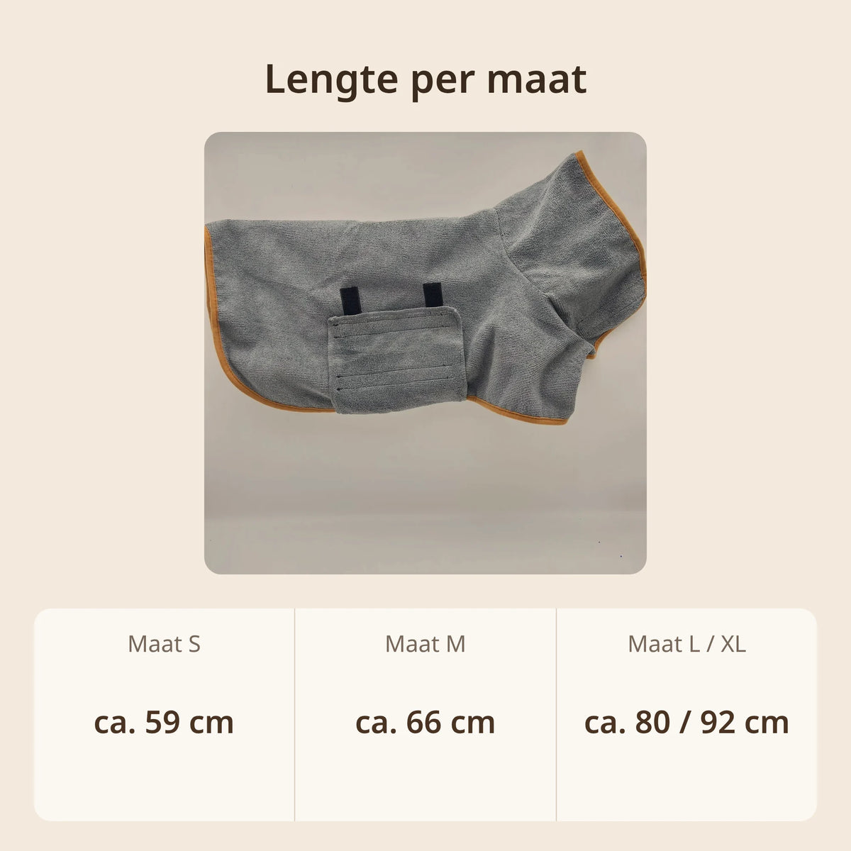 Lengte hondenbadjas per maat: S ca. 59 cm, M ca. 66 cm, L ca. 80 cm en XL ca. 92 cm