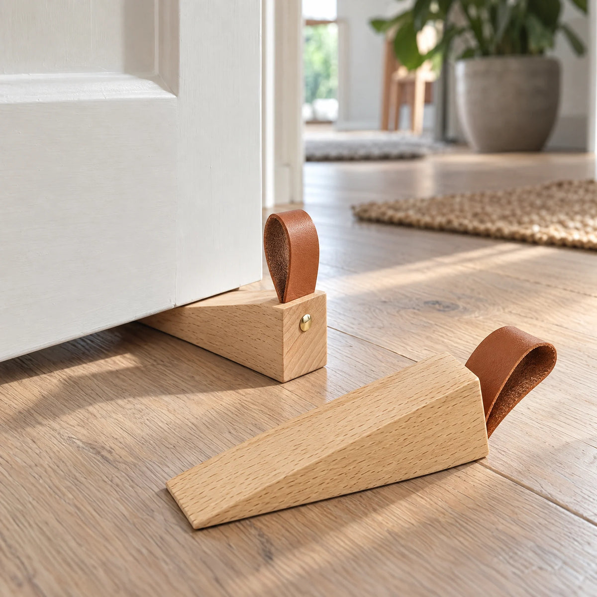 Twee lichte houten deurstoppers bij een open witte deur