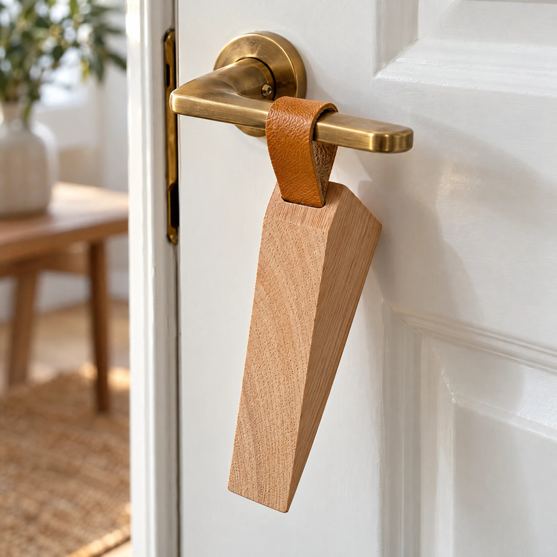 Houten deurstoppers met leren lus – set van 2