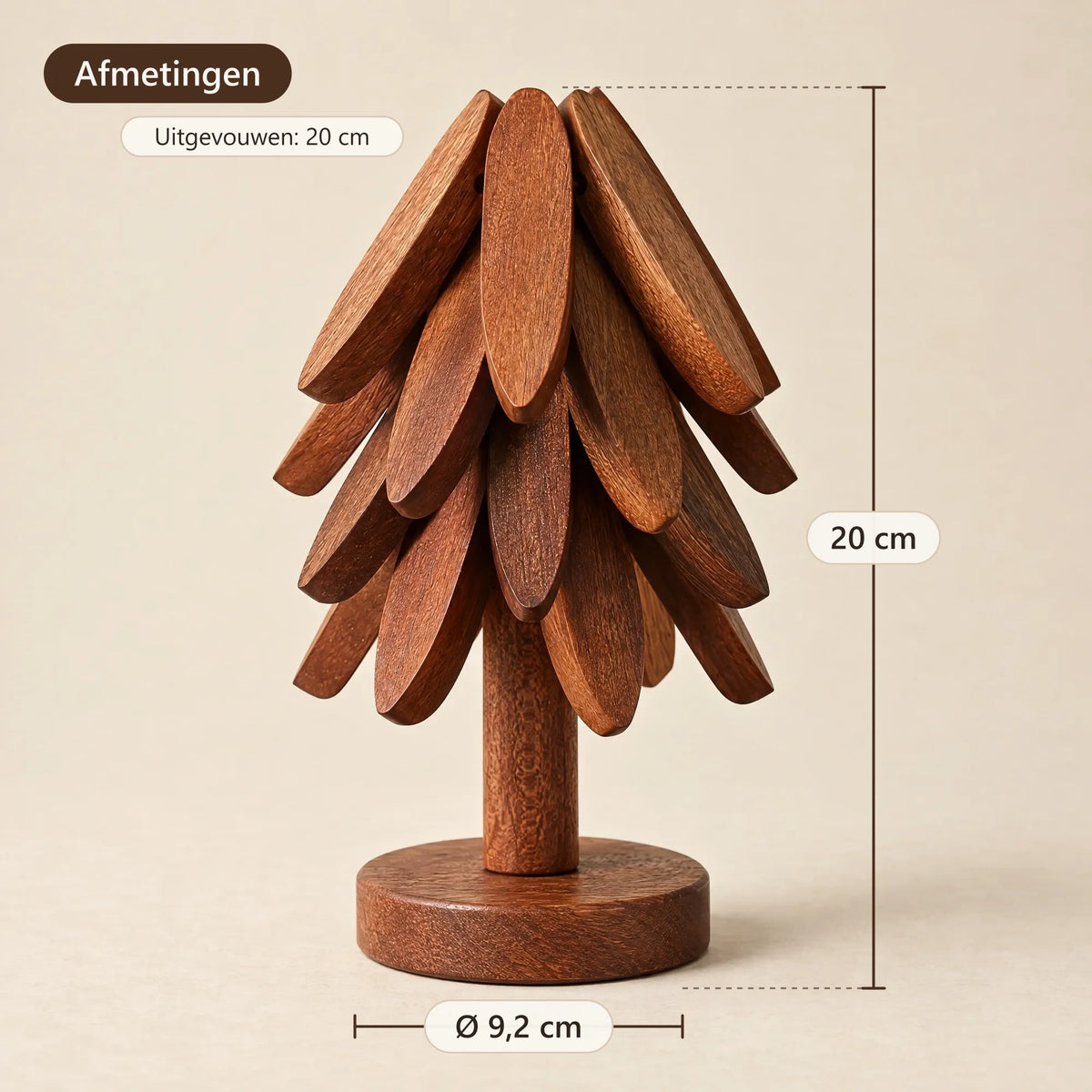Afmetingen: 20 cm hoog, voet Ø 9,2 cm, onderzetter 20 cm