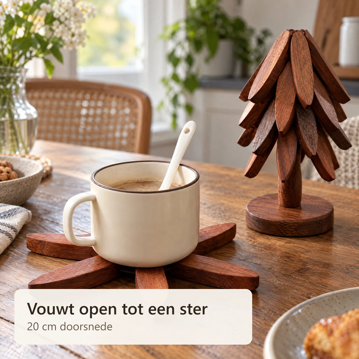 Een mok op een uitgevouwen stervormige onderzetter