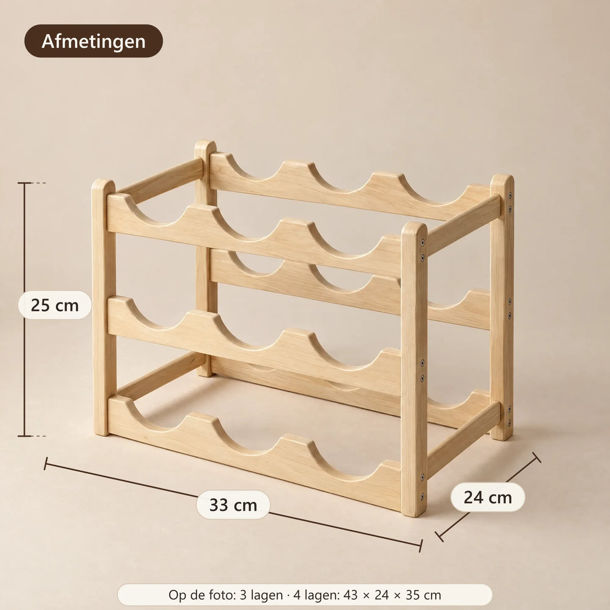 Afmetingen van het wijnrek met 3 lagen: 33 × 24 × 25 cm