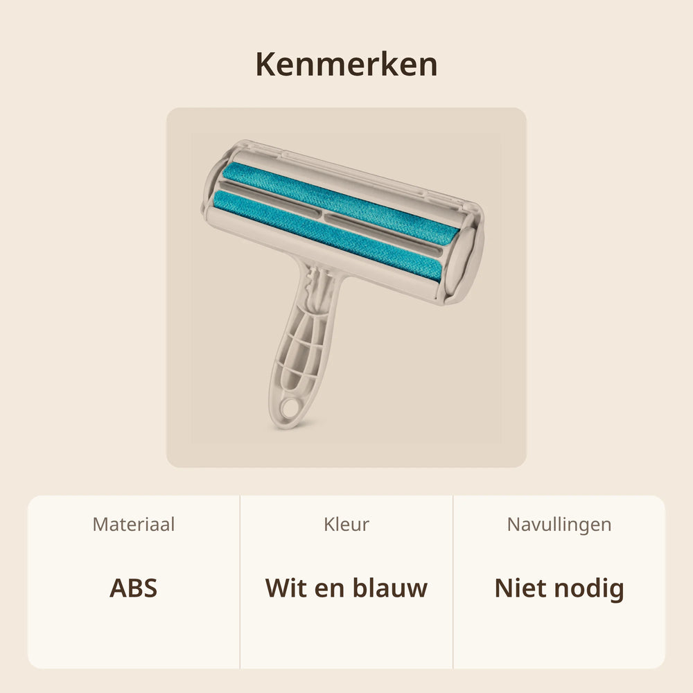 Kenmerken huisdierhaar verwijderaar roller: materiaal ABS, kleur wit en blauw, geen navullingen nodig