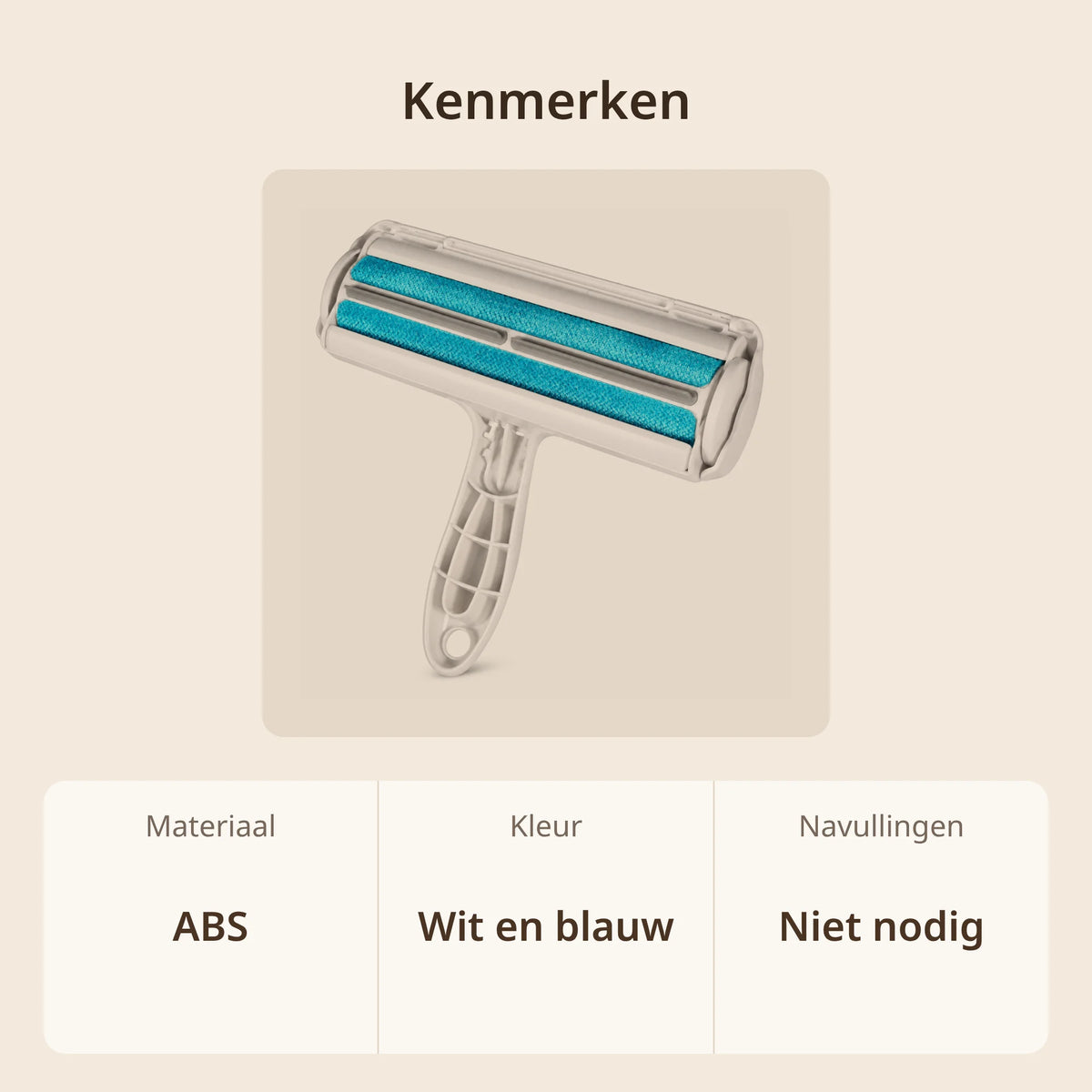 Kenmerken huisdierhaar verwijderaar roller: materiaal ABS, kleur wit en blauw, geen navullingen nodig