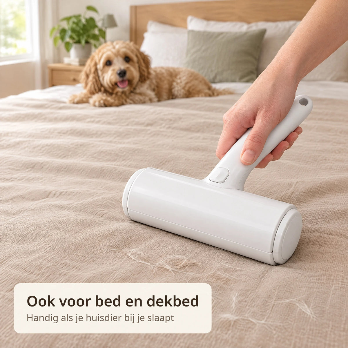 Huisdierhaar verwijderaar roller haalt hondenharen van een beige sprei, de hond ligt op het bed