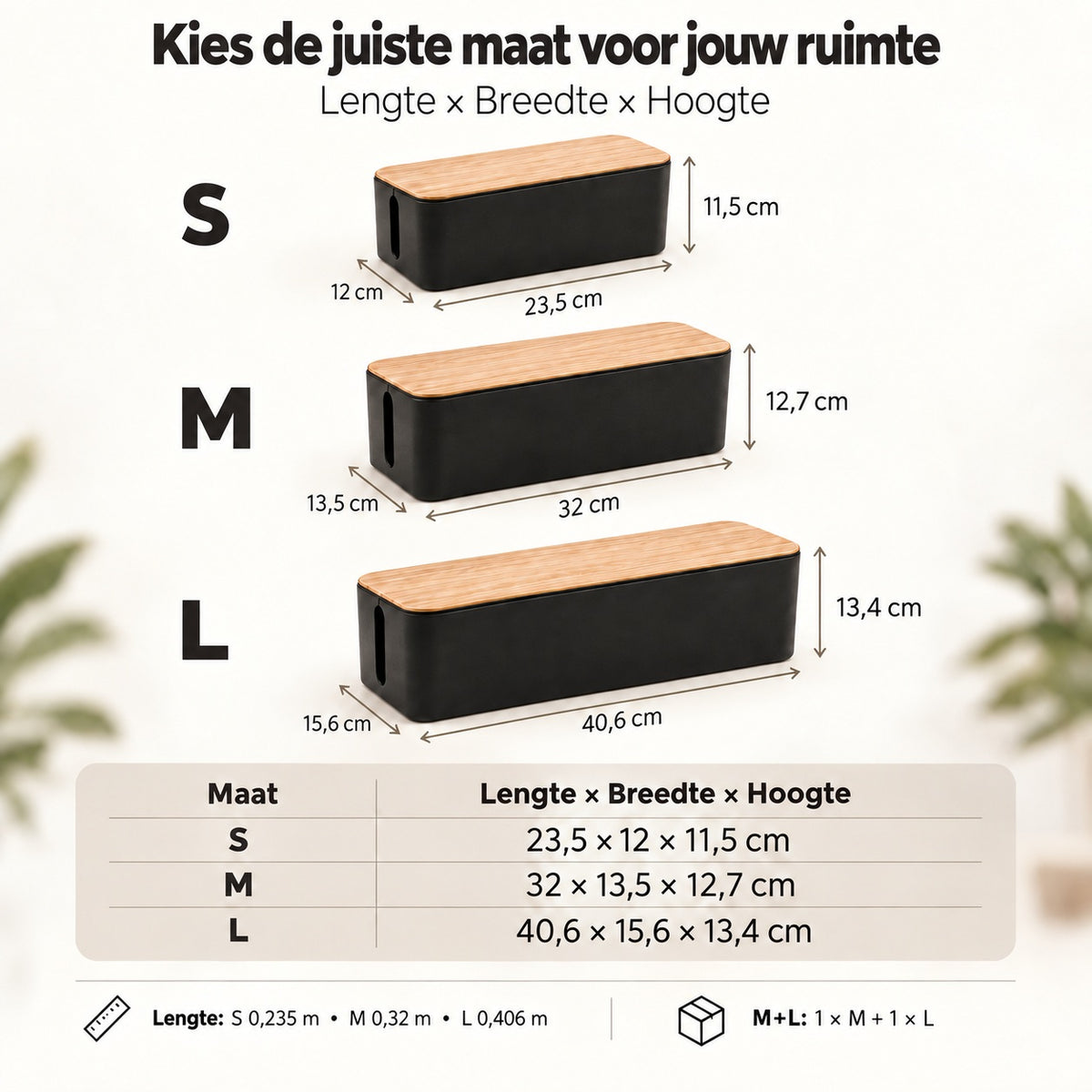 Maattabel van de kabelbox: S, M en L in lengte × breedte × hoogte