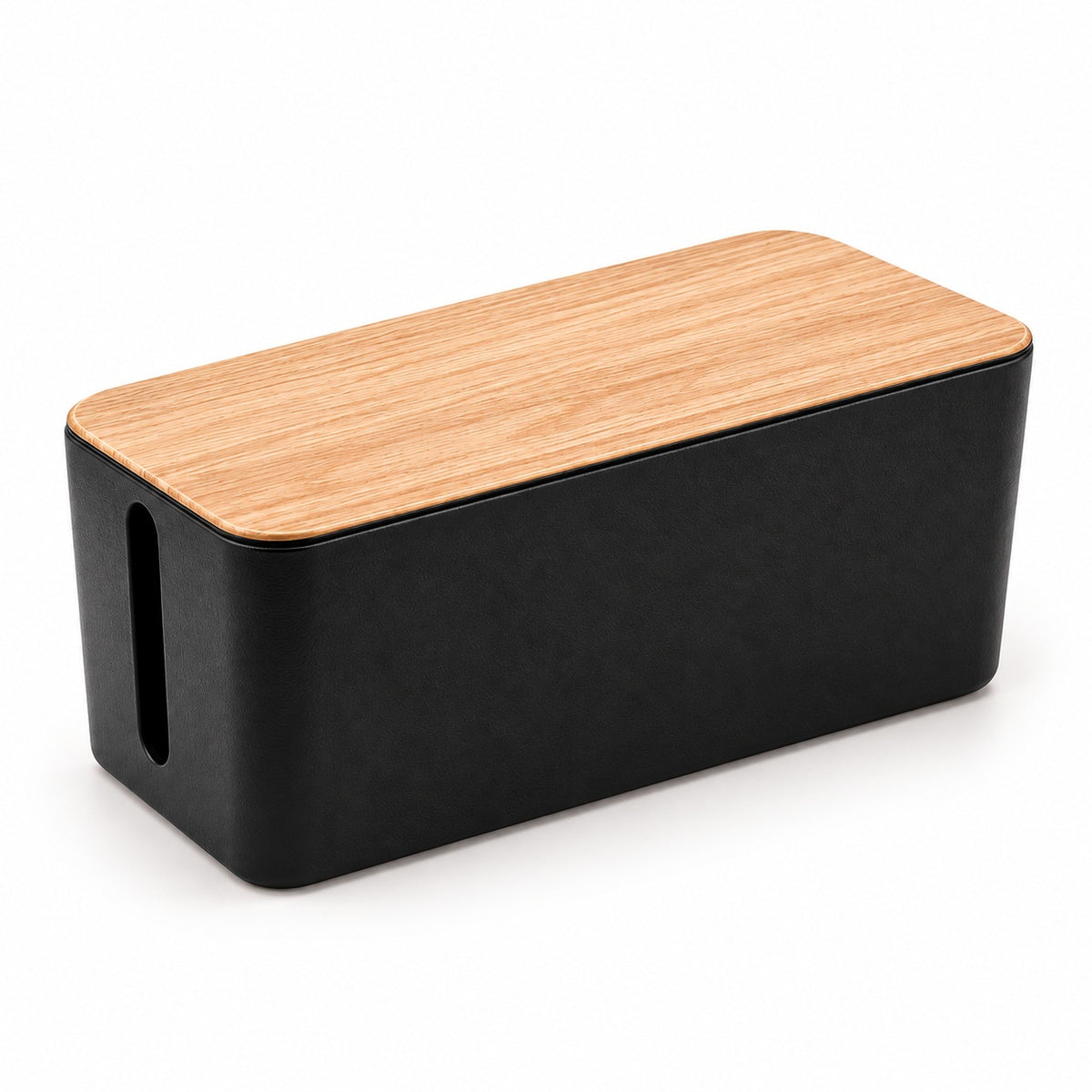 Zwarte kabelbox met deksel in houtlook