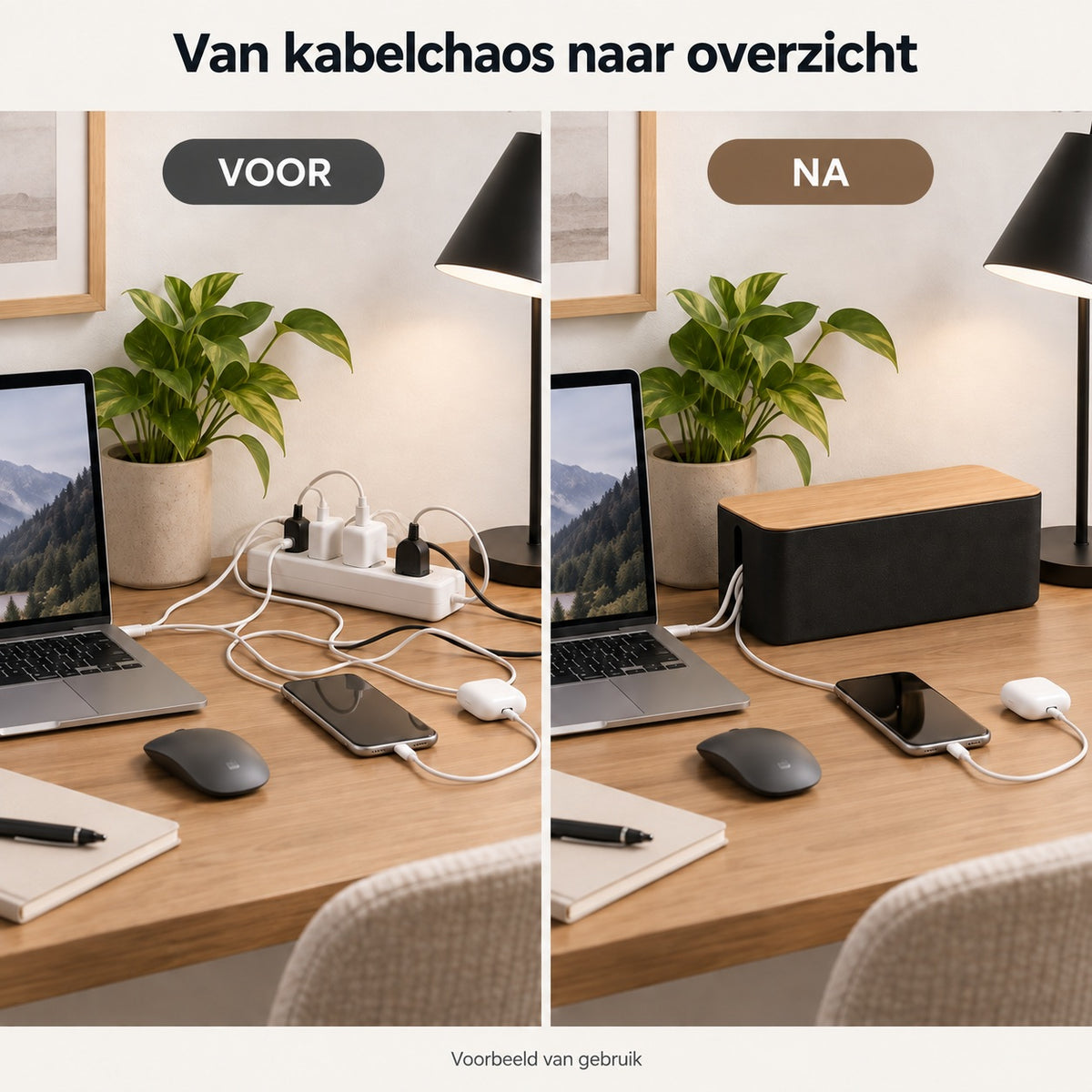 Voor en na: losse kabels en stekkerdoos op het bureau, daarna netjes in de kabelbox