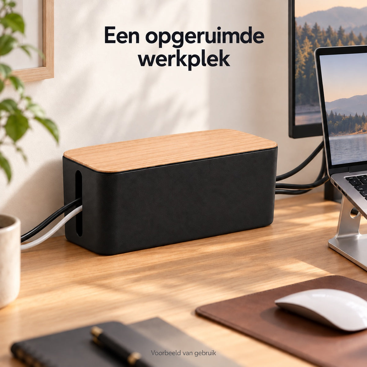 Kabelbox op een opgeruimde werkplek met laptop en monitor
