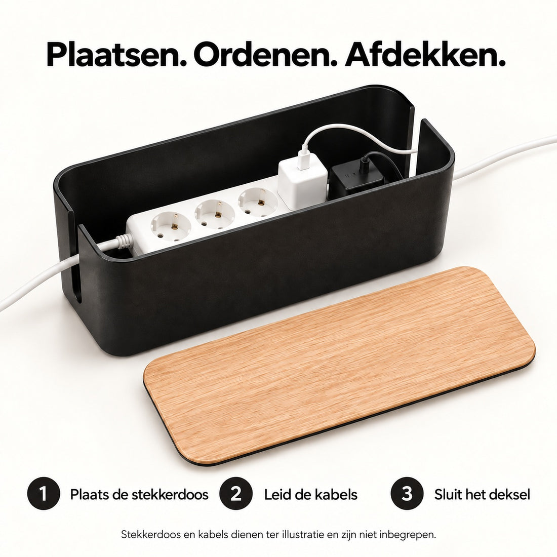 Zo werkt het: stekkerdoos in de box, kabels door de zijkant, deksel erop