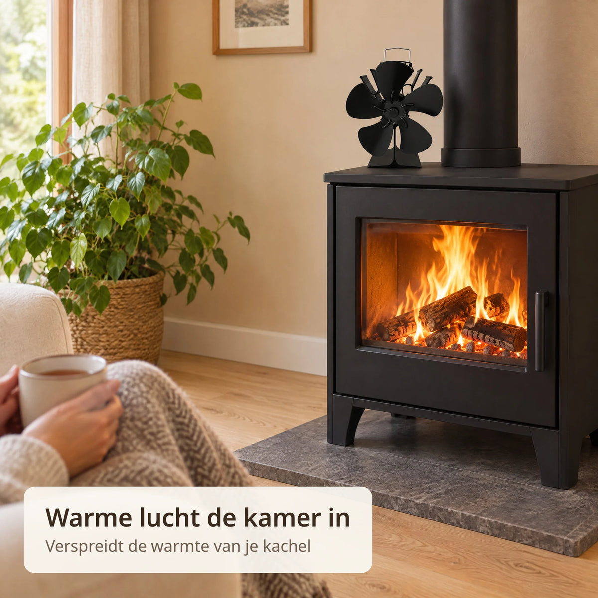 Kachelventilator op een vrijstaande houtkachel in de woonkamer, op de voorgrond handen met een mok thee