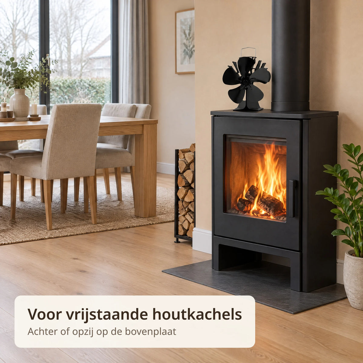 Kachelventilator staat op een vrijstaande houtkachel naast de eettafel in een lichte kamer