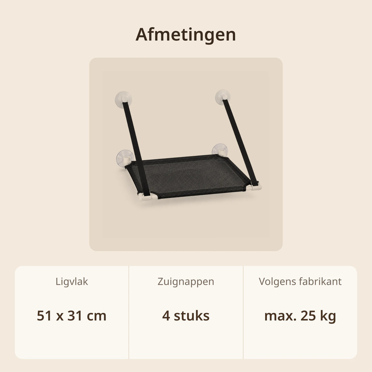 Afmetingen kattenhangmat voor het raam: ligvlak 51 x 31 cm, 4 zuignappen, maximale belasting volgens fabrikant 25 kg