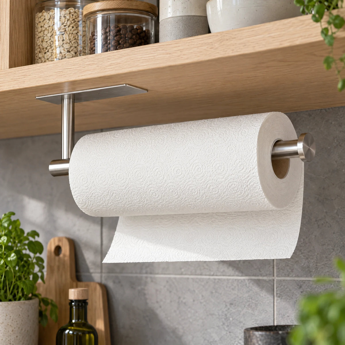 Zilveren keukenrolhouder onder een houten keukenkastje met een rol keukenpapier