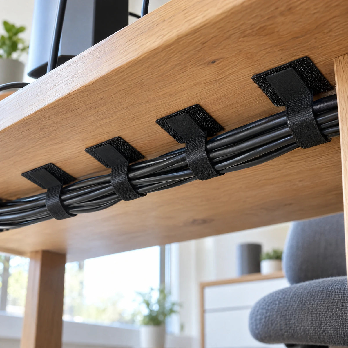 Zwarte kabelhouders onder een houten bureau met gebundelde kabels