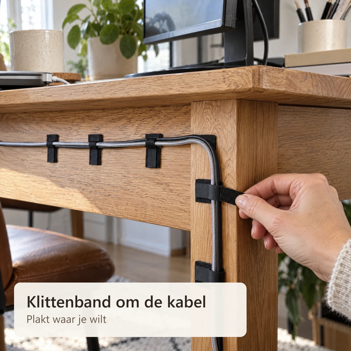 Een klittenbandje wordt om een kabel gesloten