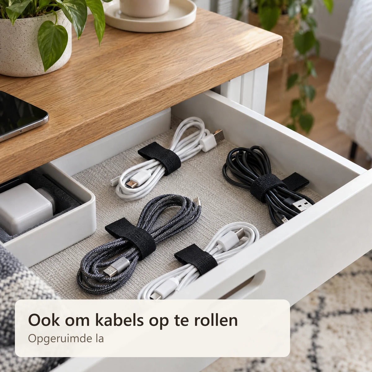 Opgerolde kabels met kabelhouders in een lade