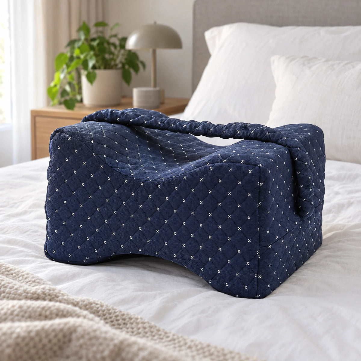 Navy kniekussen op een bed