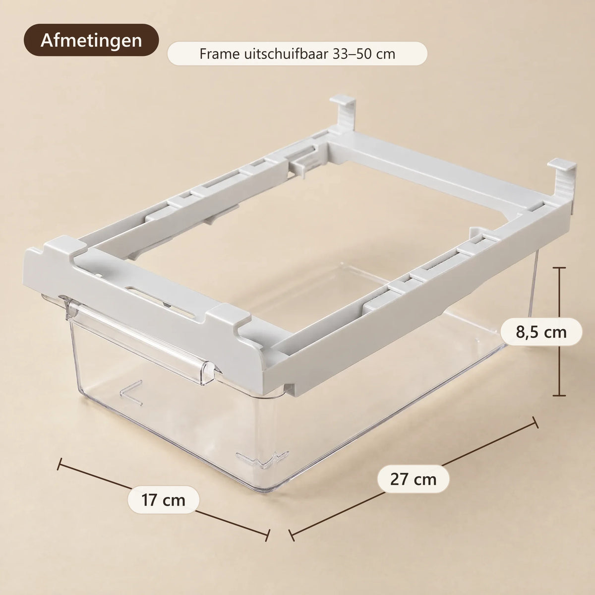 Afmetingen van de lade: 27 × 17 × 8,5 cm, frame 33–50 cm