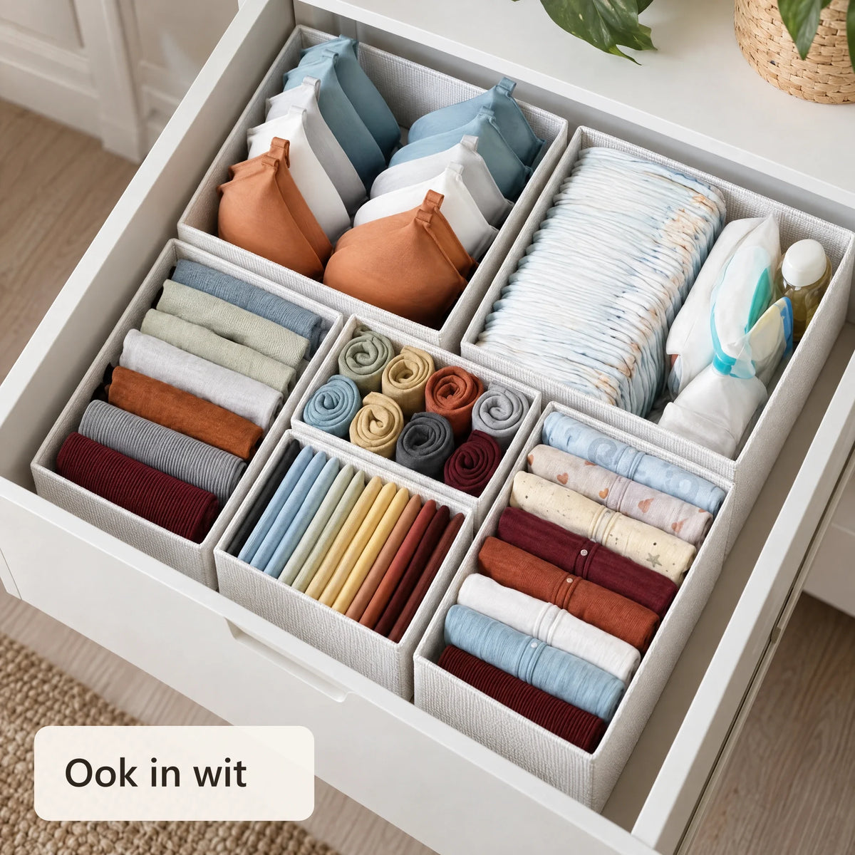 Witte lade-organizers met kleding in een witte lade