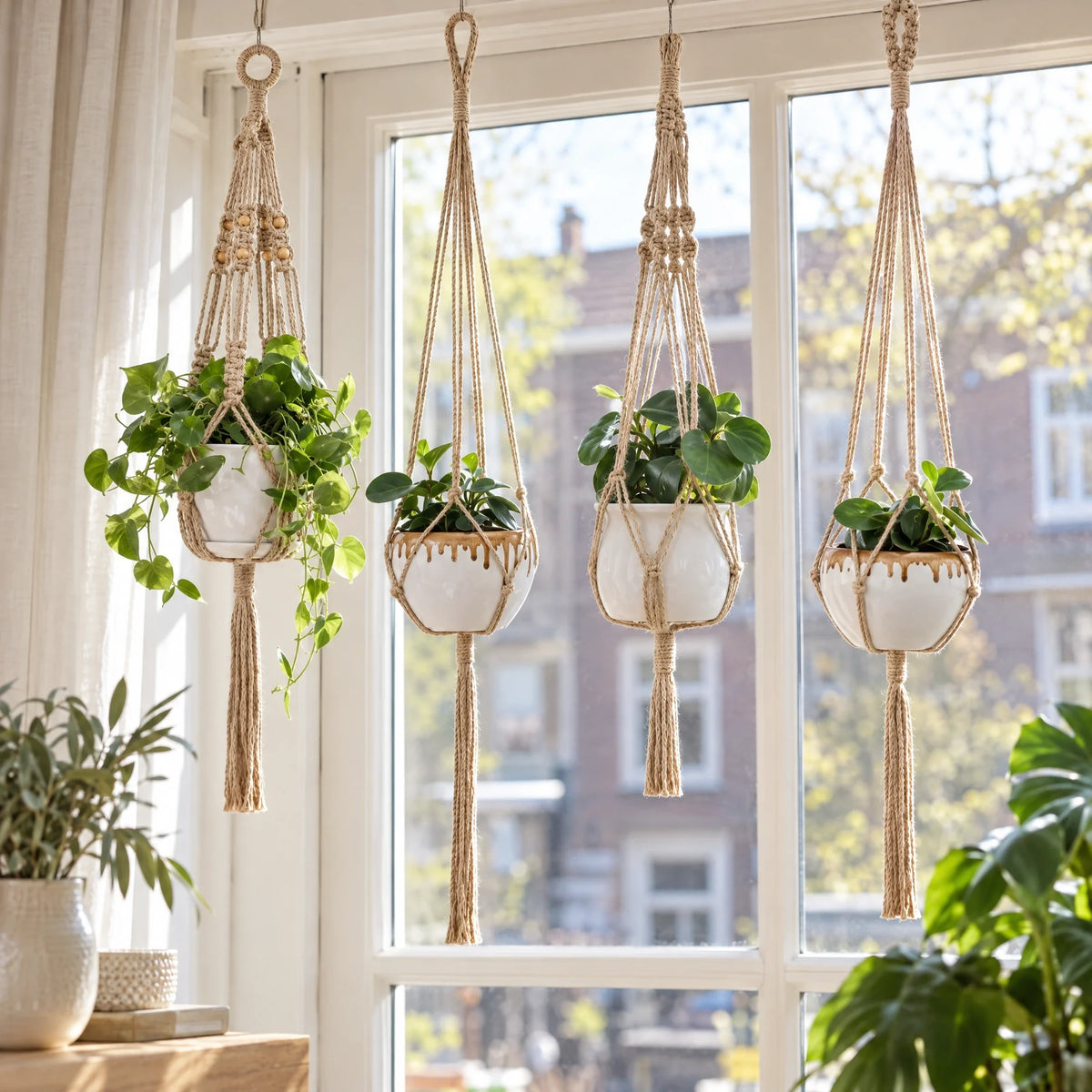 Vier macramé plantenhangers met witte potten voor het raam