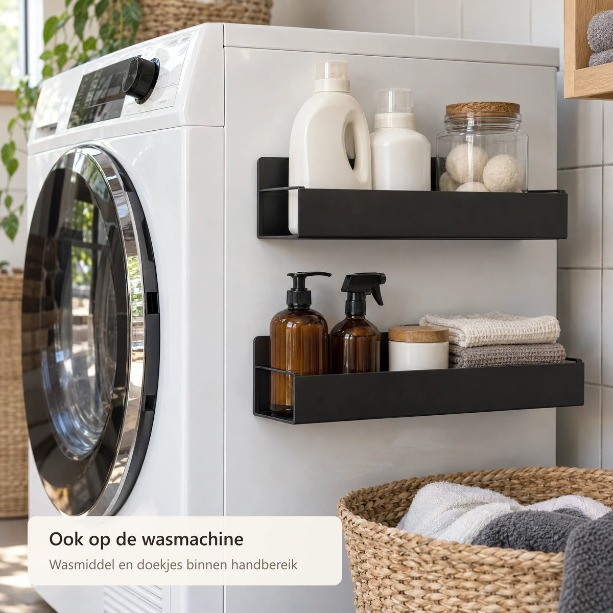 Twee zwarte magnetische rekken met flessen en doekjes op de zijkant van een wasmachine