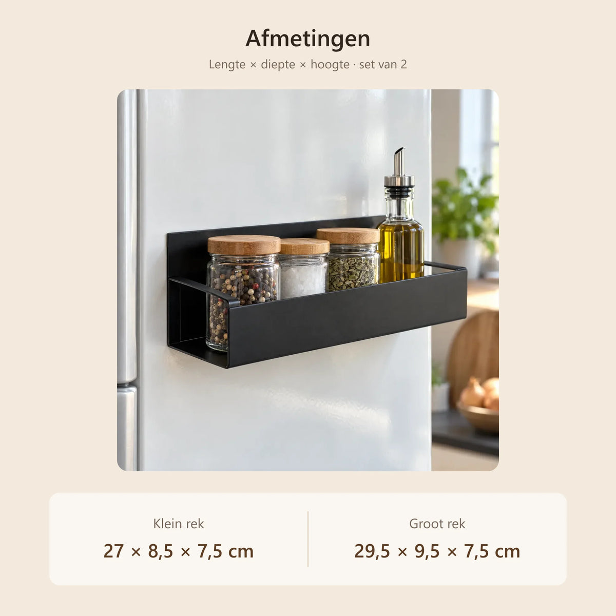 Afmetingen: klein rek 27 × 8,5 × 7,5 cm, groot rek 29,5 × 9,5 × 7,5 cm