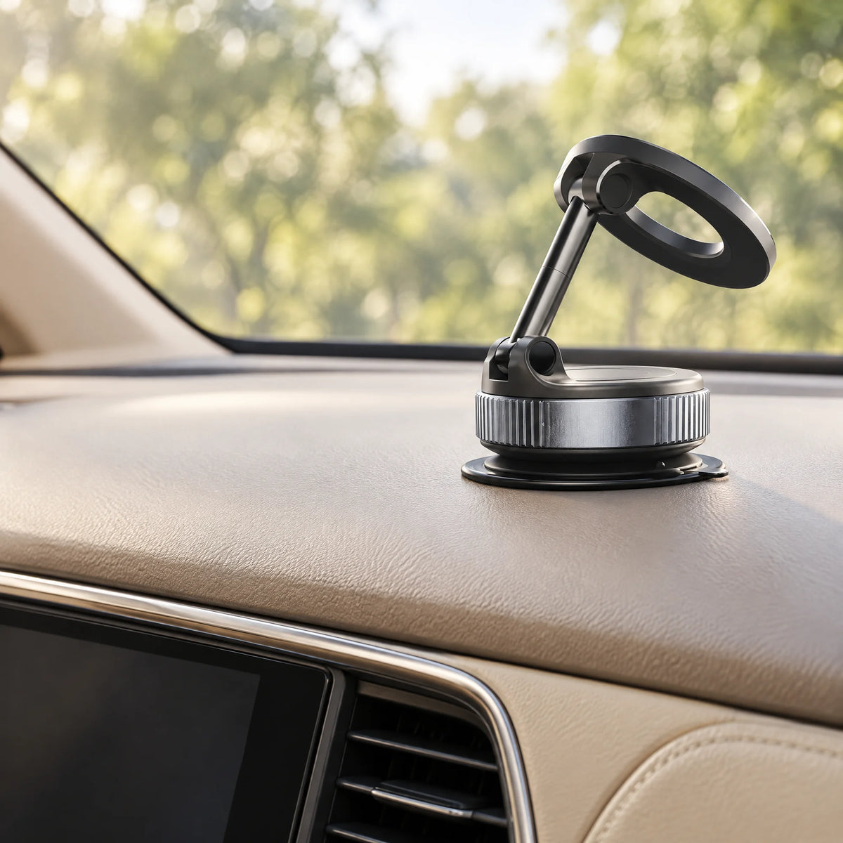 Zwarte magnetische telefoonhouder met zuignap en magneetring staat op het dashboard van een auto
