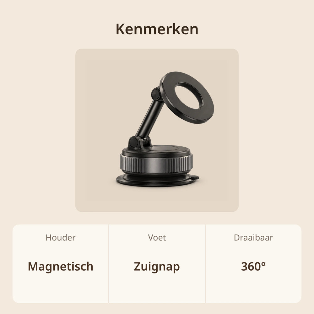 Kenmerken magnetische telefoonhouder auto: magnetische houder, voet met zuignap, 360 graden draaibaar