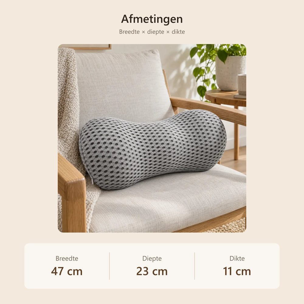 Afmetingen van het lendenkussen: 47 cm breed, 23 cm diep, 11 cm dik