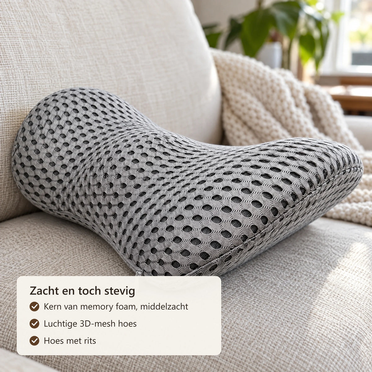 Close-up van de grijze 3D-mesh hoes met rits