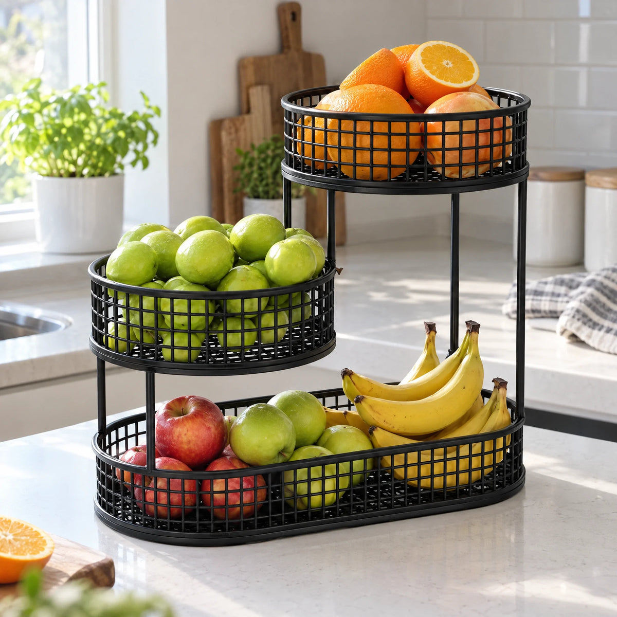 Zwarte fruitmand met drie manden vol fruit op het aanrecht