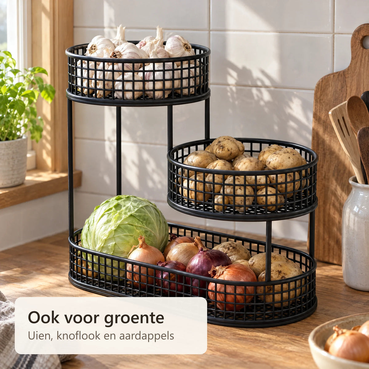 Fruitmand met uien, knoflook en aardappels