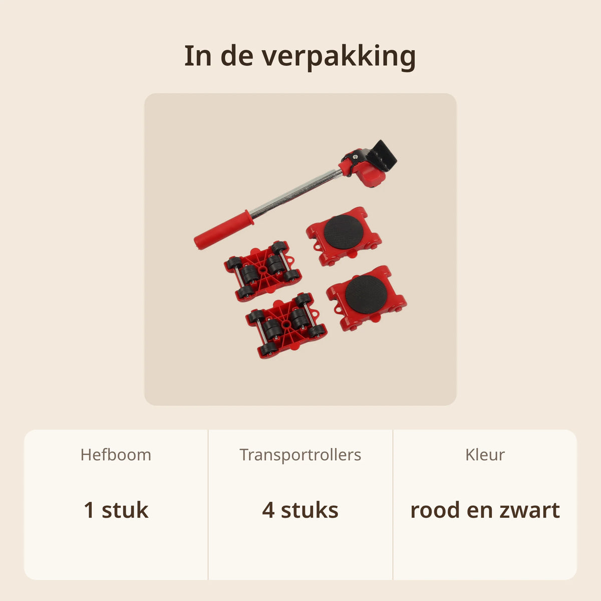 Inhoud van de meubelheffer set: 1 hefboom en 4 transportrollers in rood en zwart