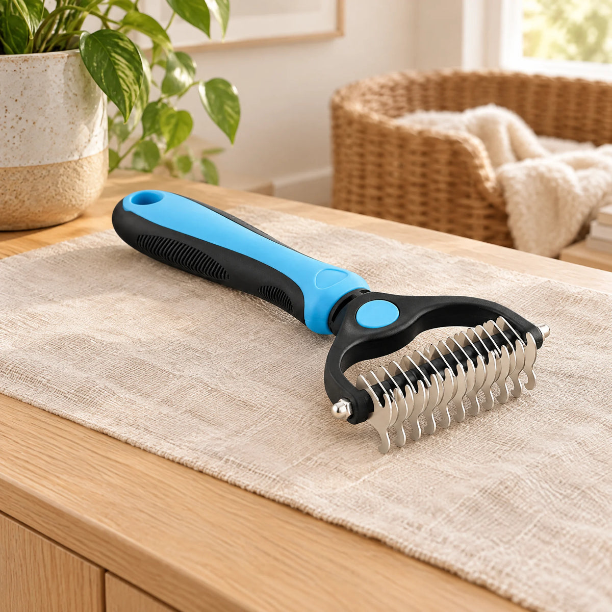 Blauw-zwarte dubbelzijdige ondervachtborstel met roestvrijstalen tanden ligt op een linnen kleed op een eiken dressoir