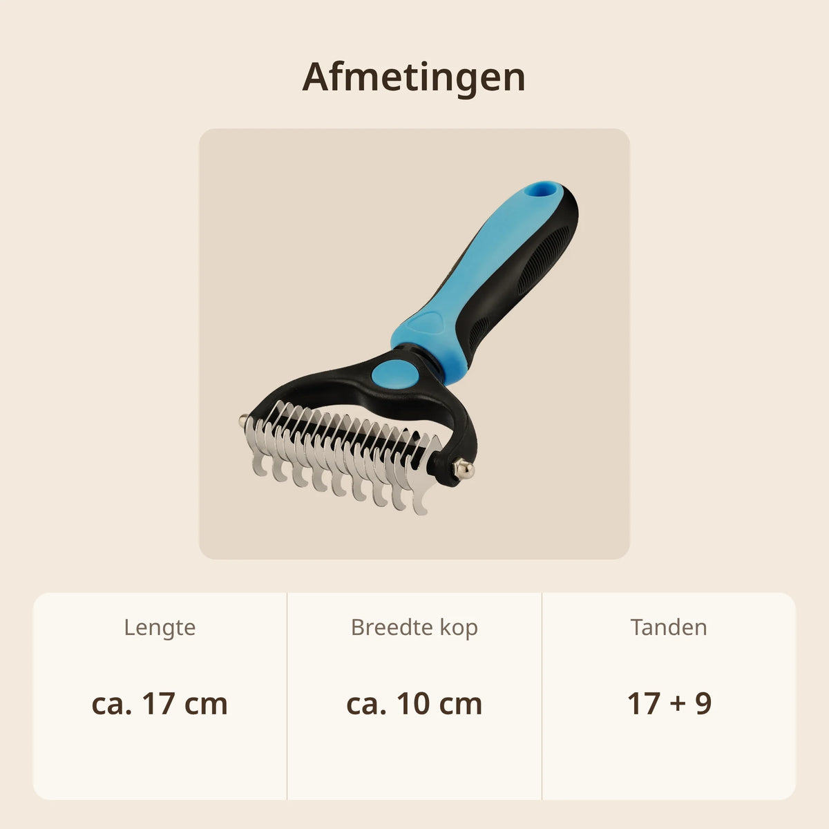 Afmetingen ondervachtborstel: ca. 17 cm lang, kop ca. 10 cm breed, 17 + 9 tanden