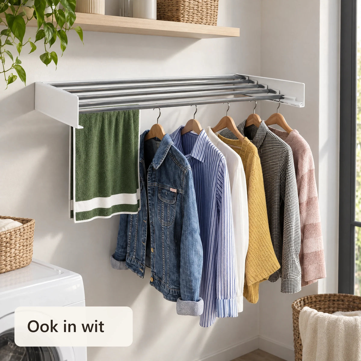 Wit opklapbaar droogrek aan de muur met kleding