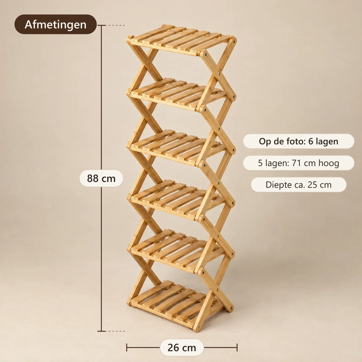 Afmetingen: ca. 26 × 25 cm, 88 cm hoog (6 lagen)