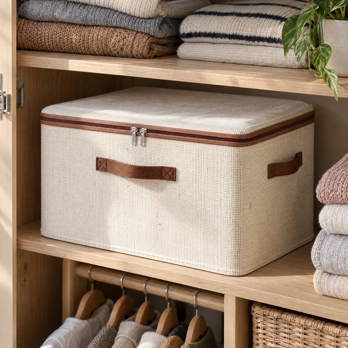 Beige opbergbox met ritsdeksel op een plank in de kledingkast