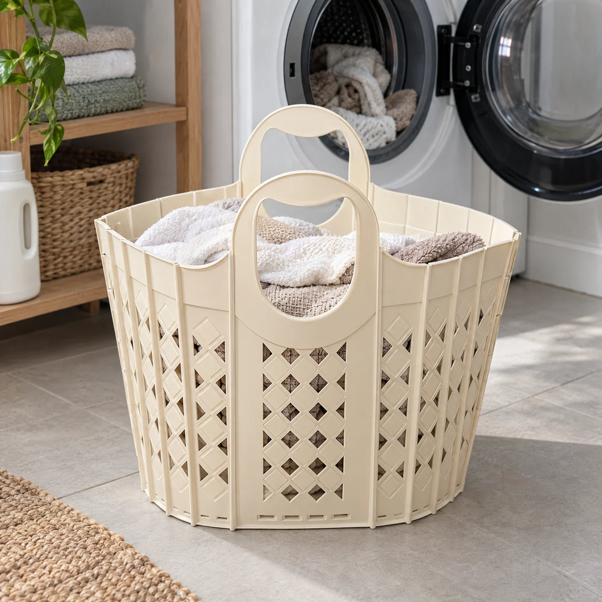 Beige opvouwbare wasmand met handdoeken voor de wasmachine